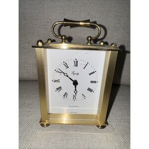 Vintage Equity Brass Plated Quartz Mantle Clock w Handle Tested Working 5" Tall